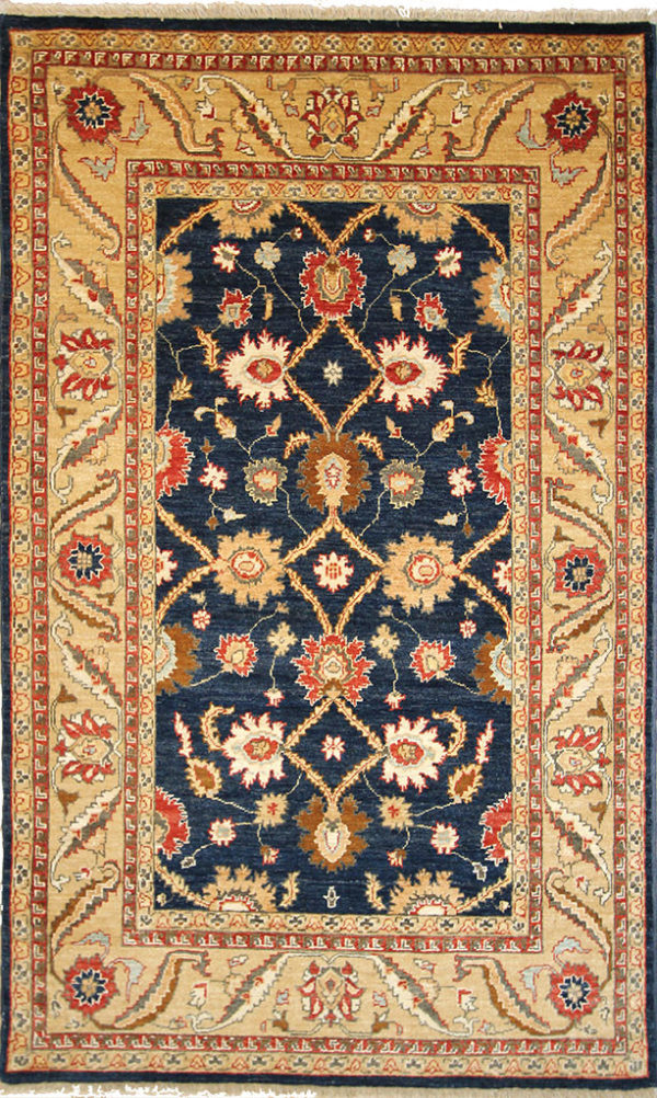 Navy traditional area rug with beige trim
